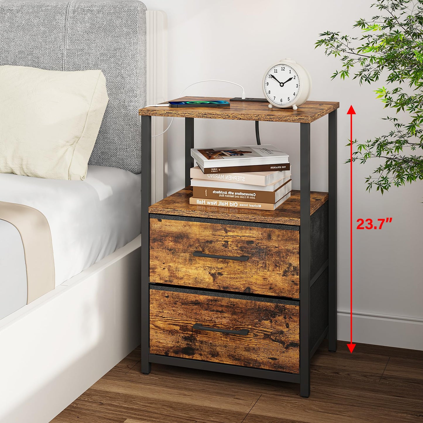 TUTOTAK Bedside Table with Charging Station, Side Table with 2 USB Ports and Outlets, Nightstand with Cloth Drawer, Set of 2, End Table