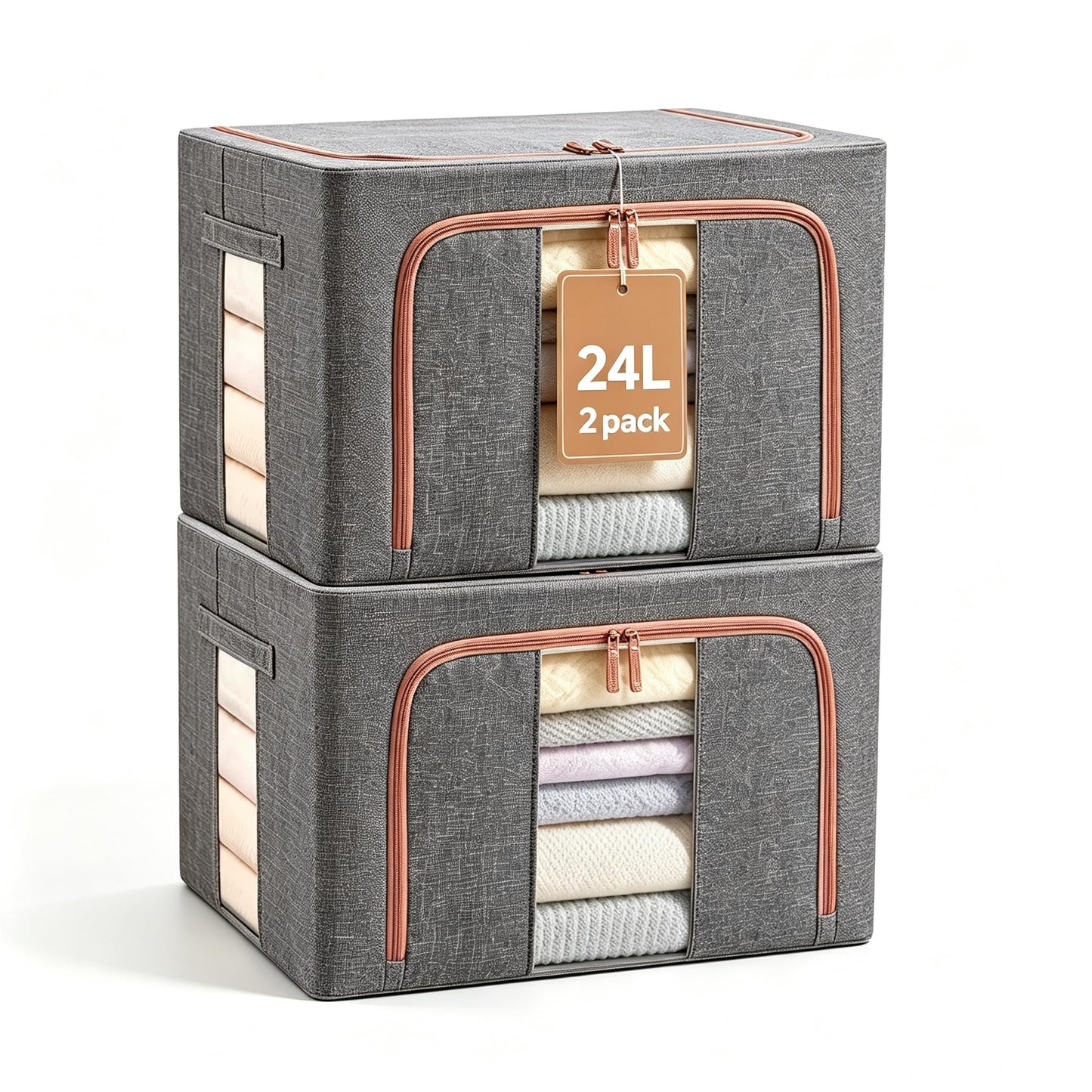 2 Pack Smart Space Storage Boxes,24L Clothes Organiser with Double Opening Zip and Clear Window Sided Zip Top Lid,Foldable Oxford Cloth Box with