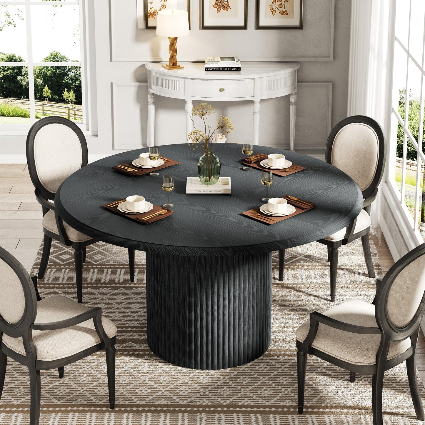 Tribesigns 47" Round Dining Table for 4, Farmhouse Kitchen Table with Metal Base, Modern Small Dinner Table for Dining Room,Kitchen, Black