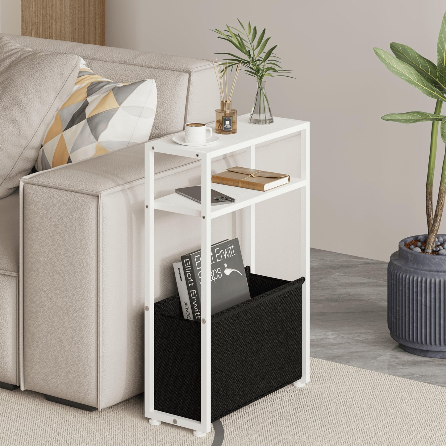 JERX Narrow Side Table with Fabric Basket, End Table for Small Spaces, Slim Side Table with Magazine Rack for Living Room Office Bedroom and Bathroom