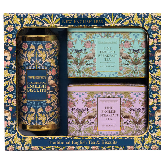 New English Teas Traditional Tea & Biscuits Gift Set - 80 Fine English Breakfast Teabags & 200g Cornish Biscuits in Ornate Collectible Tins - Elegant