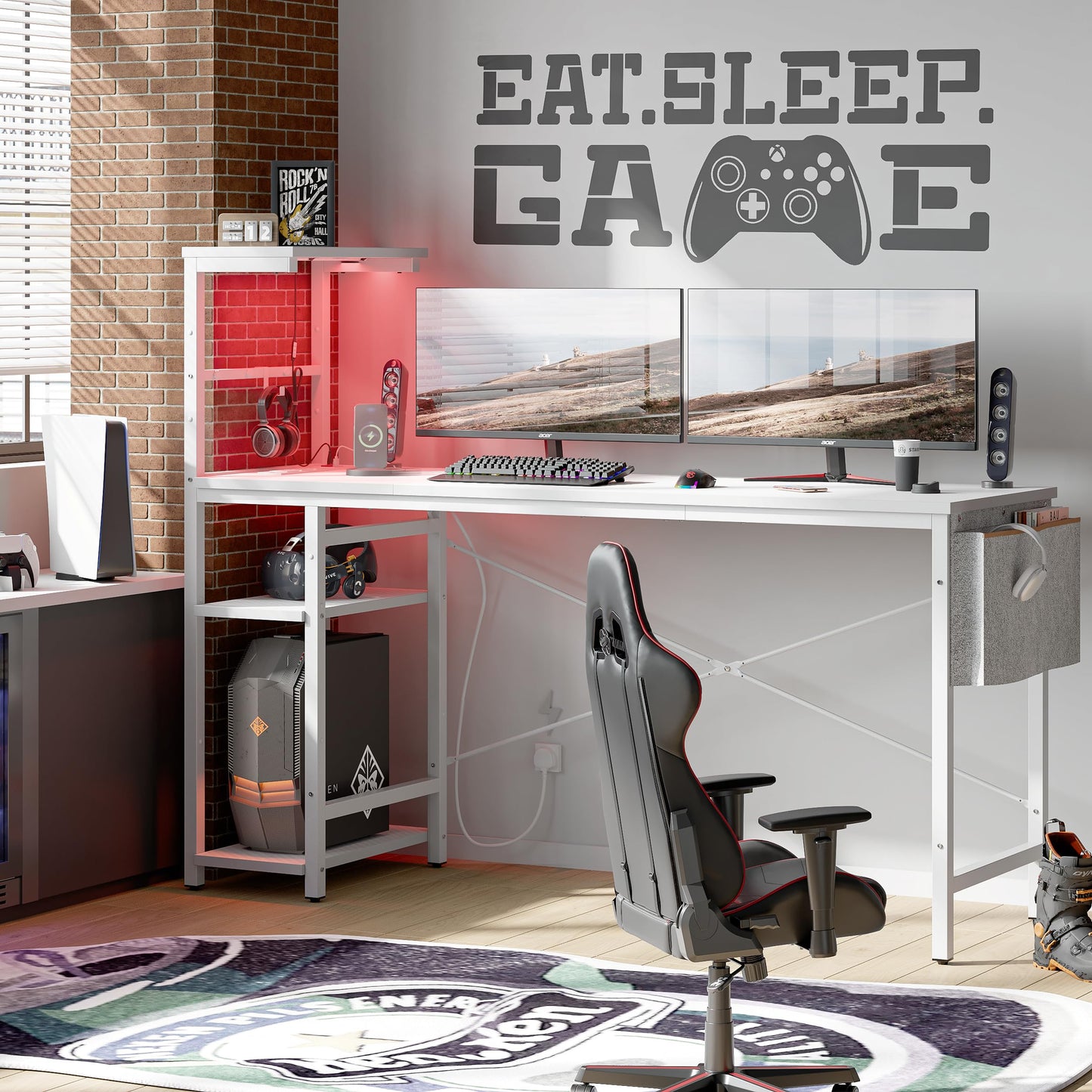 Bestier 155CM Corner Desk with Power Outlets Large Computer Desk with LED Lights Reversible Writing Table with Side Pocket Storage Bag & Accessories