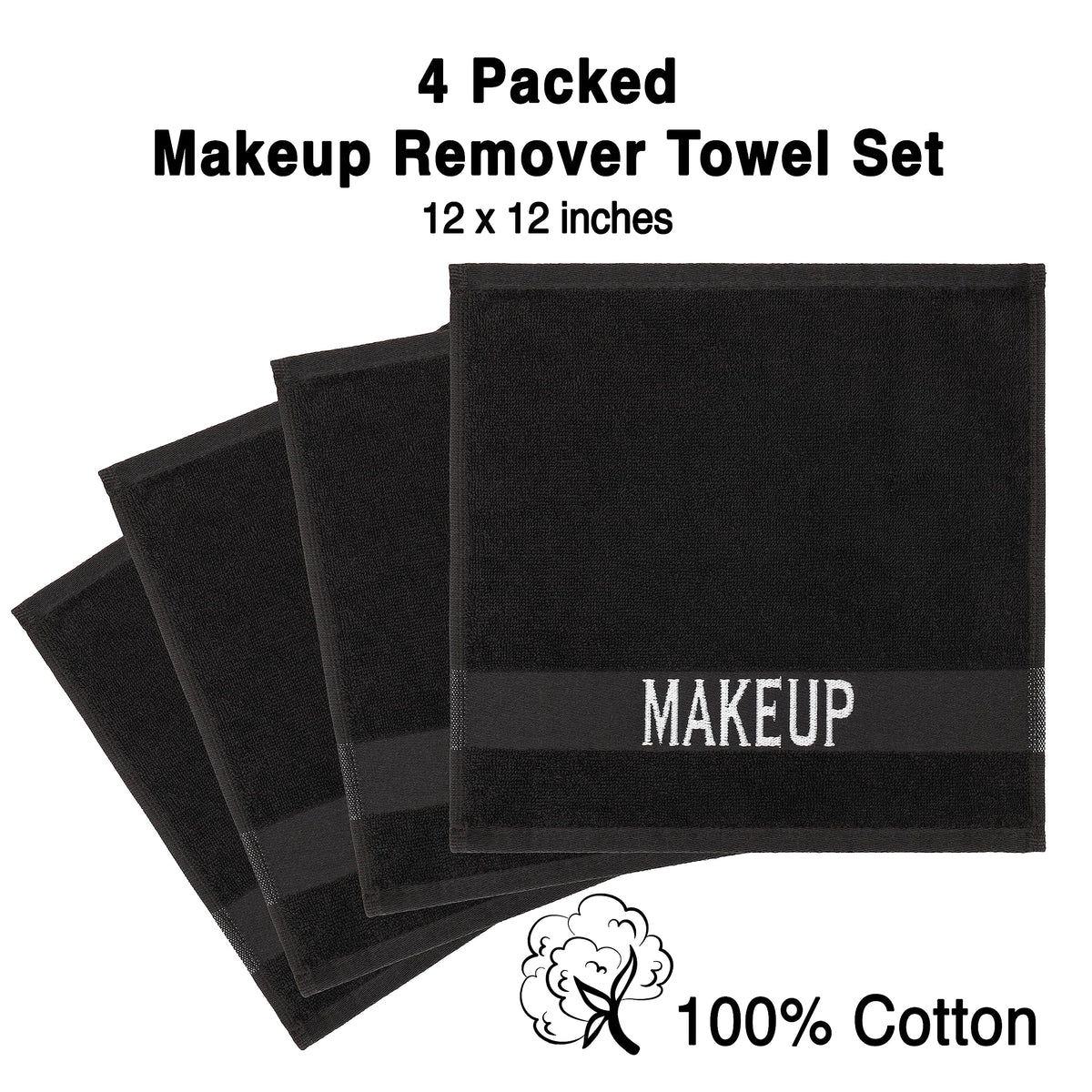 American Soft Linen Makeup Washcloths, 100% Cotton Makeup Remover Towels, 4 Pack Make up Towels for Face, 12 x 12 Face Cloth Towels, Black