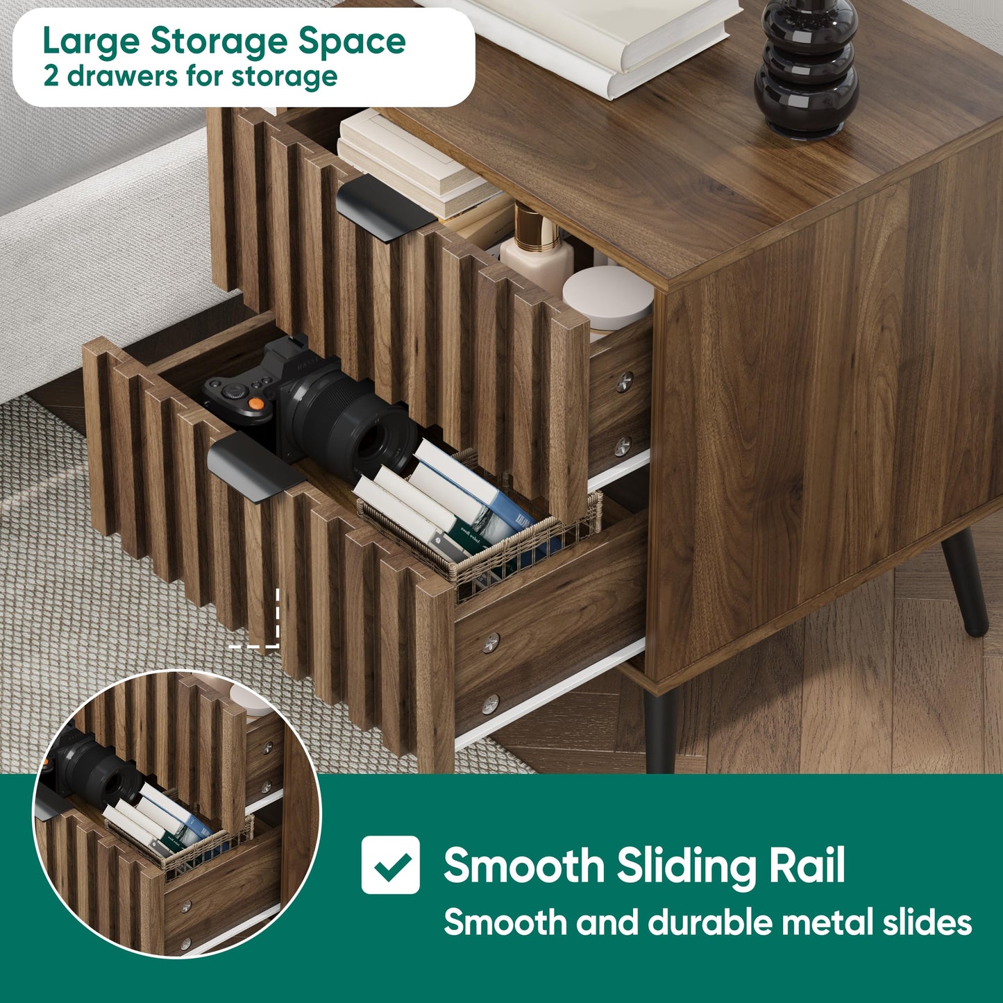 Smuxee Walnut Wooden Night Stand, Mid Century Nightstand with 2 Fluted Drawers, Bedside Table with Open Shelf, Modern End Side Table for Bedroom