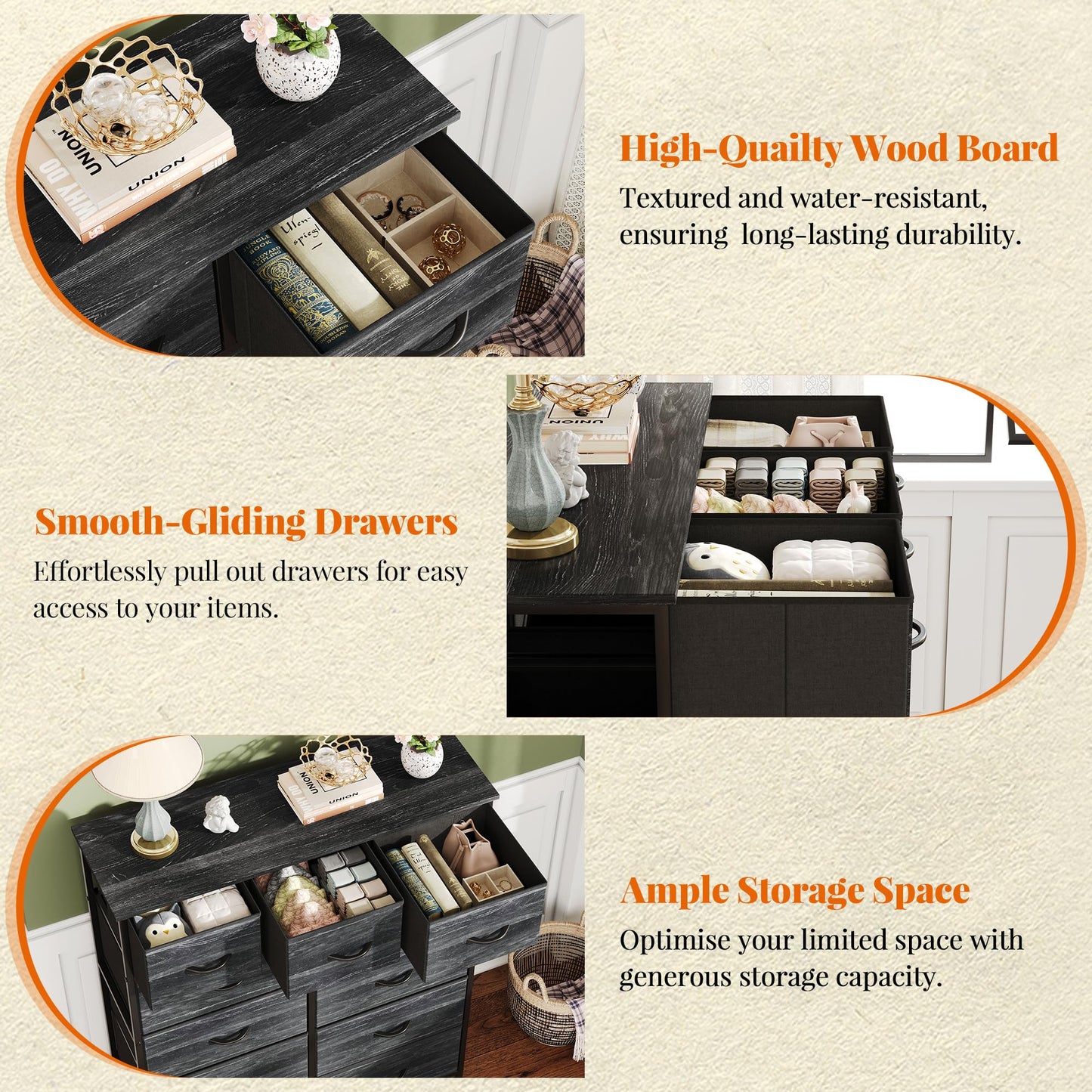 Flrrtenv Chest of Drawer with 11 Drawers, Modern Bedroom Cabinte, Fabric Drawers with Wooden Top, Sturdy Metal Frame, Tall Black Hallway Storage Unit