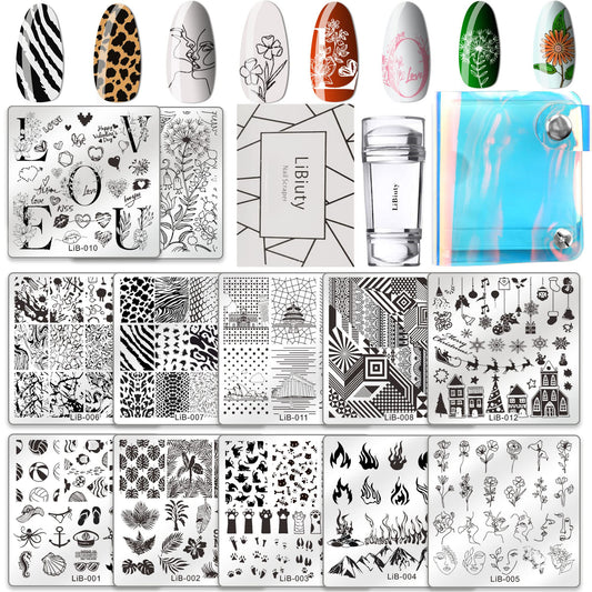 JEEWHEET 12pcs Nail Stamping Templates Plate 1 Scraper 1 Silicone Mail Stamper 1 Transparent Laser Storage Bag, Stamping Plates for Nail Art, Summer