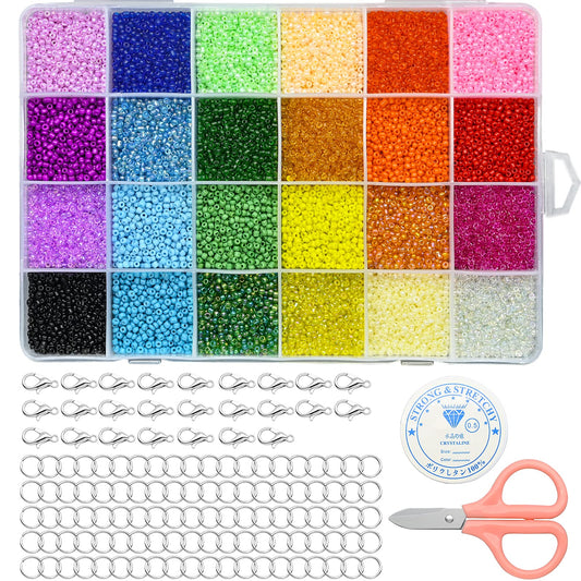 JTOOYS 24000pcs Glass Seed Beads, Small Pony Beads Assorted Kit Colors Seed Beadswith Scissors Lobster Clasps String Cord for Jewelry Making DIY