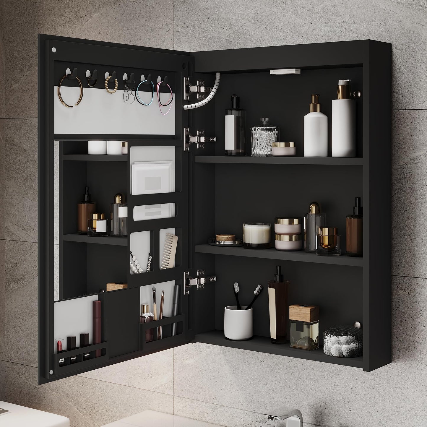 ELEGANT LED Bathroom Mirror Cabinet with Shaver Socket, Black, 485x700mm