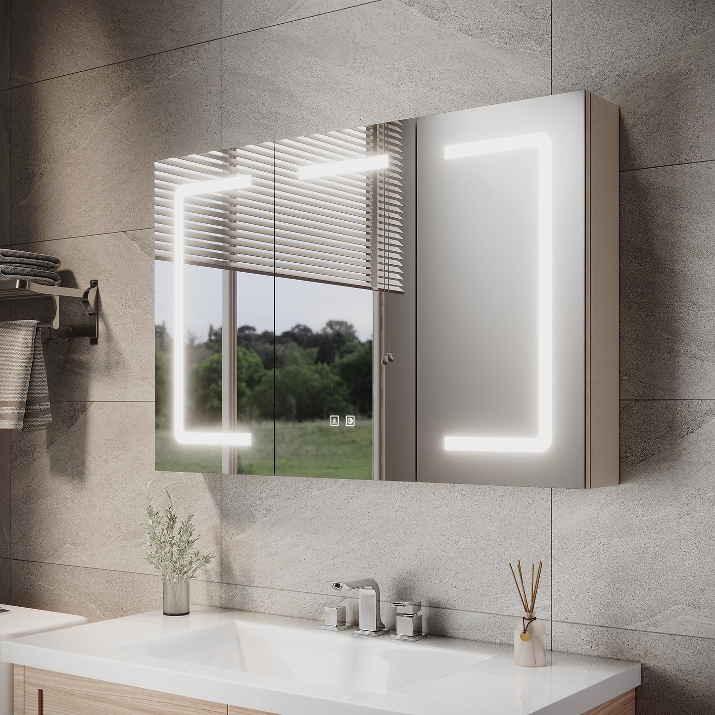 ELEGANT LED Bathroom Mirror Cabinet with Shaver Socket, Beige, 900x600mm