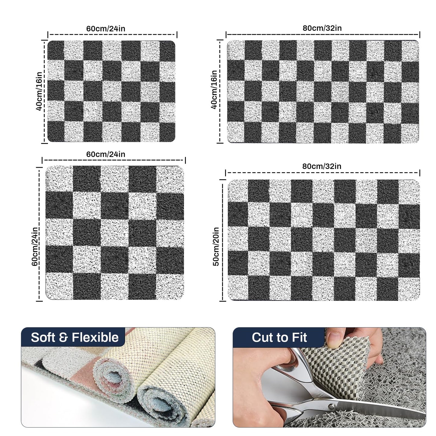Non Slip Checkered Shower Mats 40x80CM, PVC Loofah Bath Mat for Inside Shower, Quick Dry Soft Bath Mat for Bathroom Floor