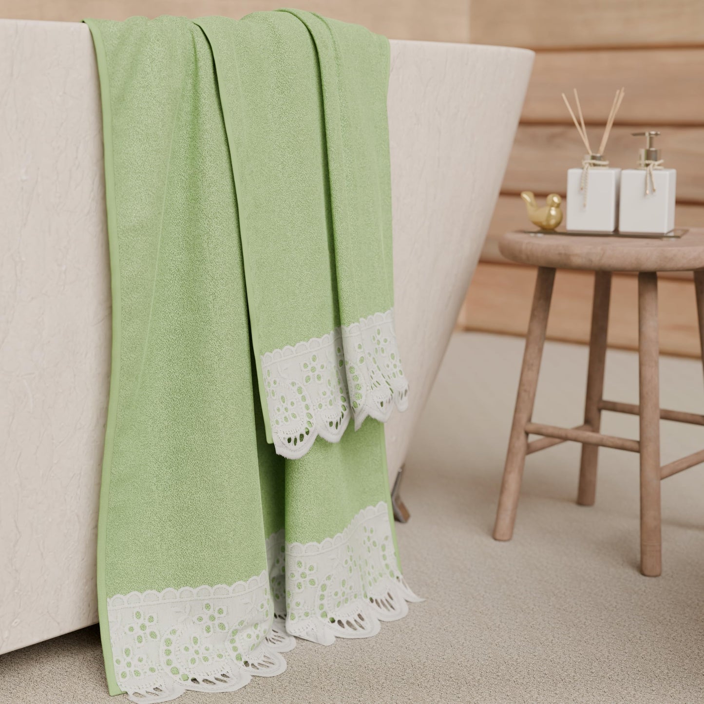 PETTI Artigiani Italiani - 100% Cotton Terry Bath Towels, 1+1 Towel Set, 2 Pieces 1 Face Towel and 1 Hand Towel, Sage Green