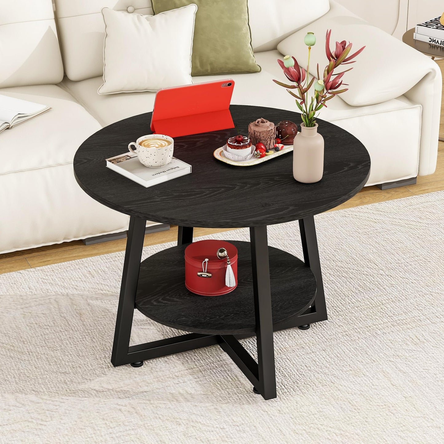 FOUBAM Round Coffee Table with Storage,Metal Small Coffee Table,Black