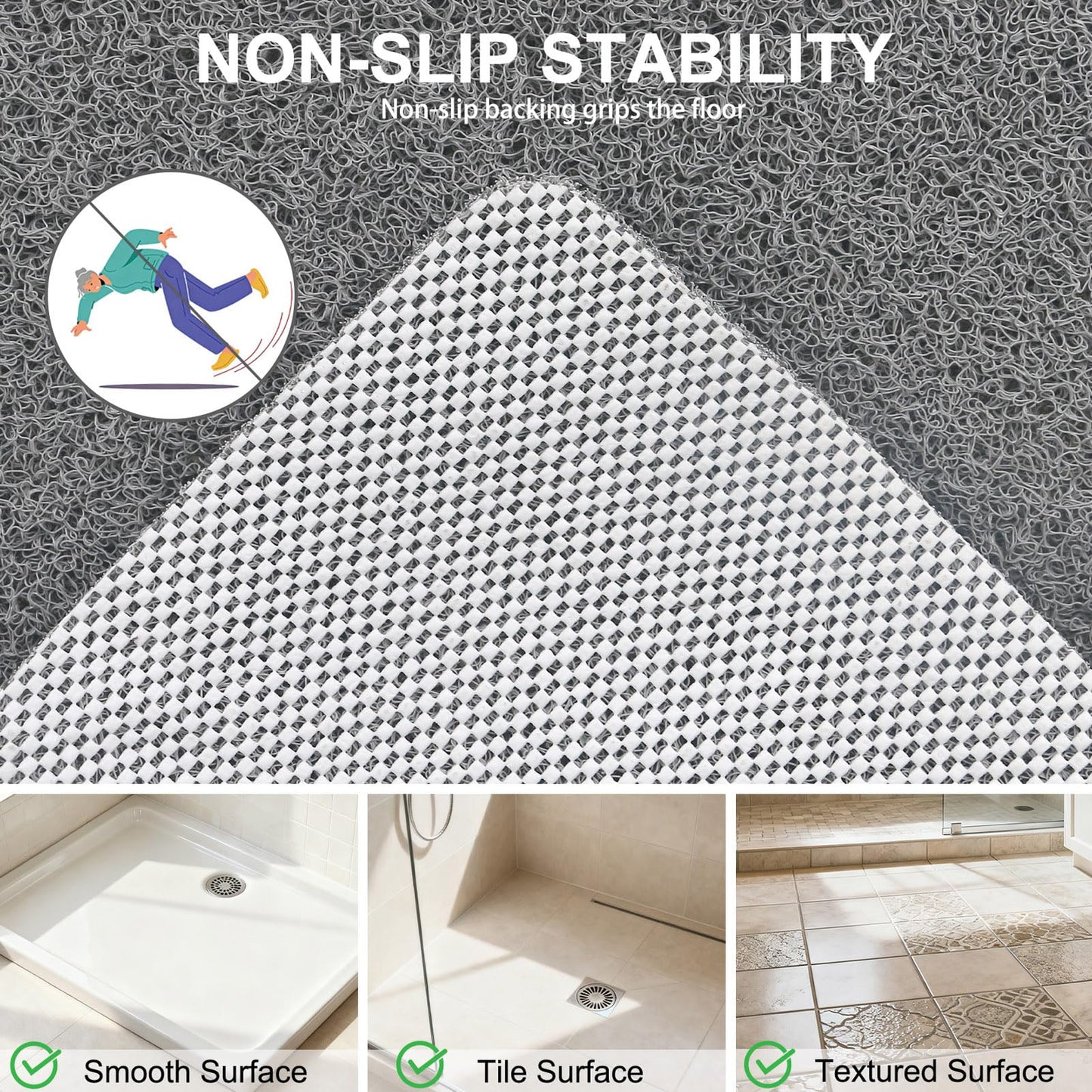 Large Shower Mat Non Slip Anti Mould: 100 x 70 cm Anti Slip Shower Mats for Inside Shower- Loofah Shower Mat Grey Long Washable Shower Matt for