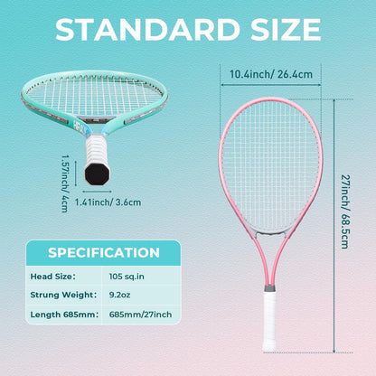HIRALIY 27" Tennis Rackets Set of 2, 3 Tennis Balls, 2 Racquets, 2 Overgrip Tapes and 1 Carrying Bag Outdoor Recreational Sport Game (Pink/Green)