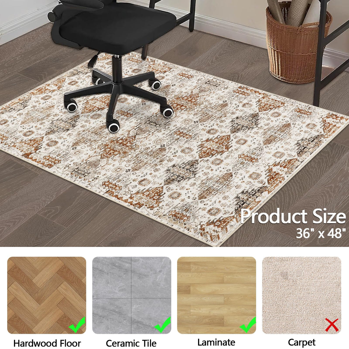 Office Chair Mat for Hardwood Floor 90x120 cm Non Slip Desk Mat for Rolling Chair