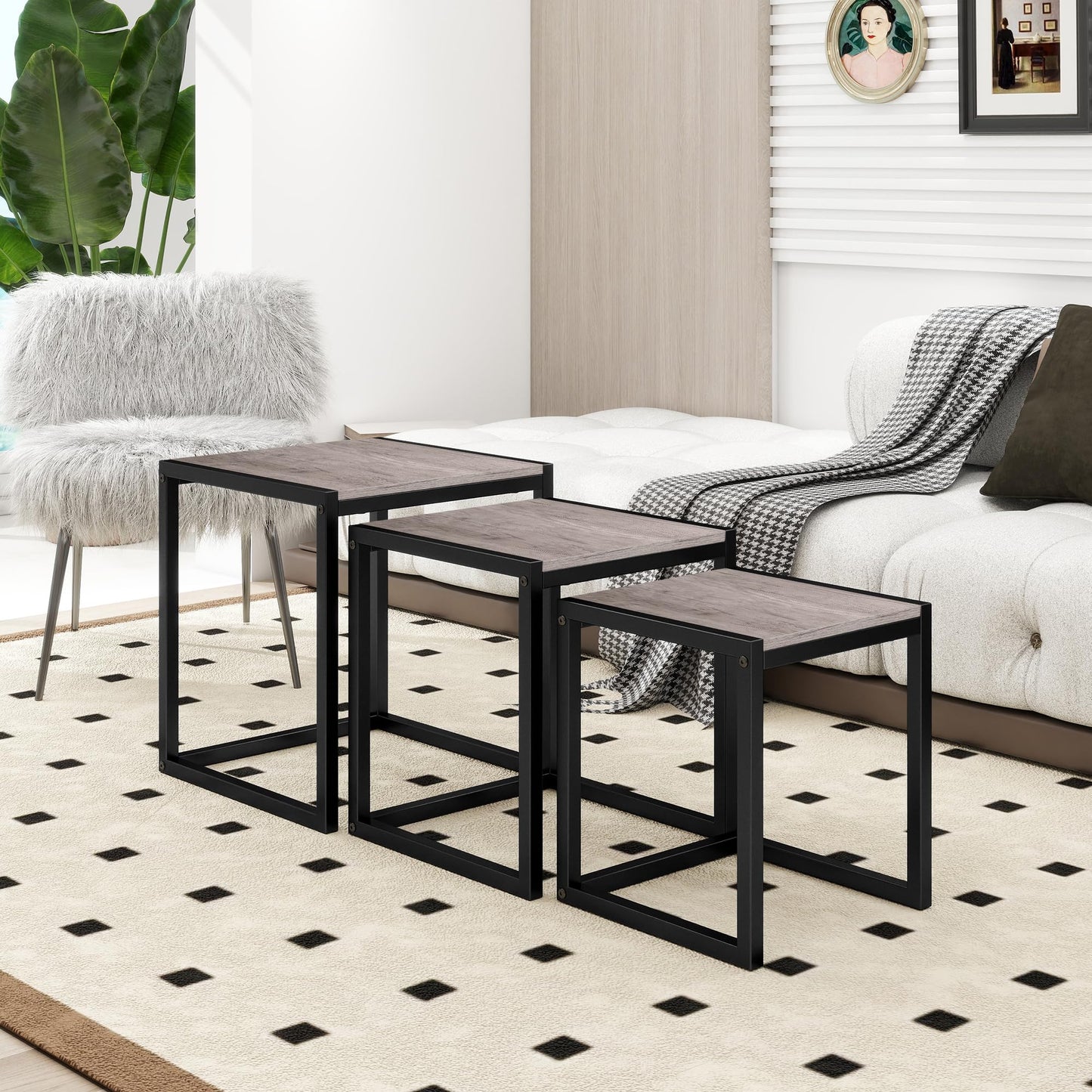 Diahomy Nesting Coffee Table, Set of 3 Stacking Side Tables, Grey