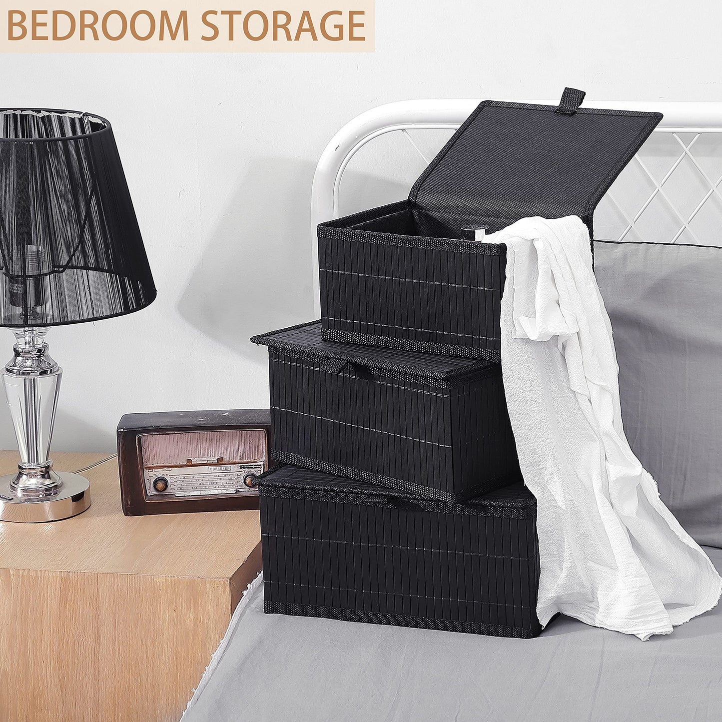 Honygebia Storage Basket with Lid – Black Decorative Bamboo Box for Organizing, Set of 3 Wicker Basket and Woven Fabric Lining for Home, Kitchen