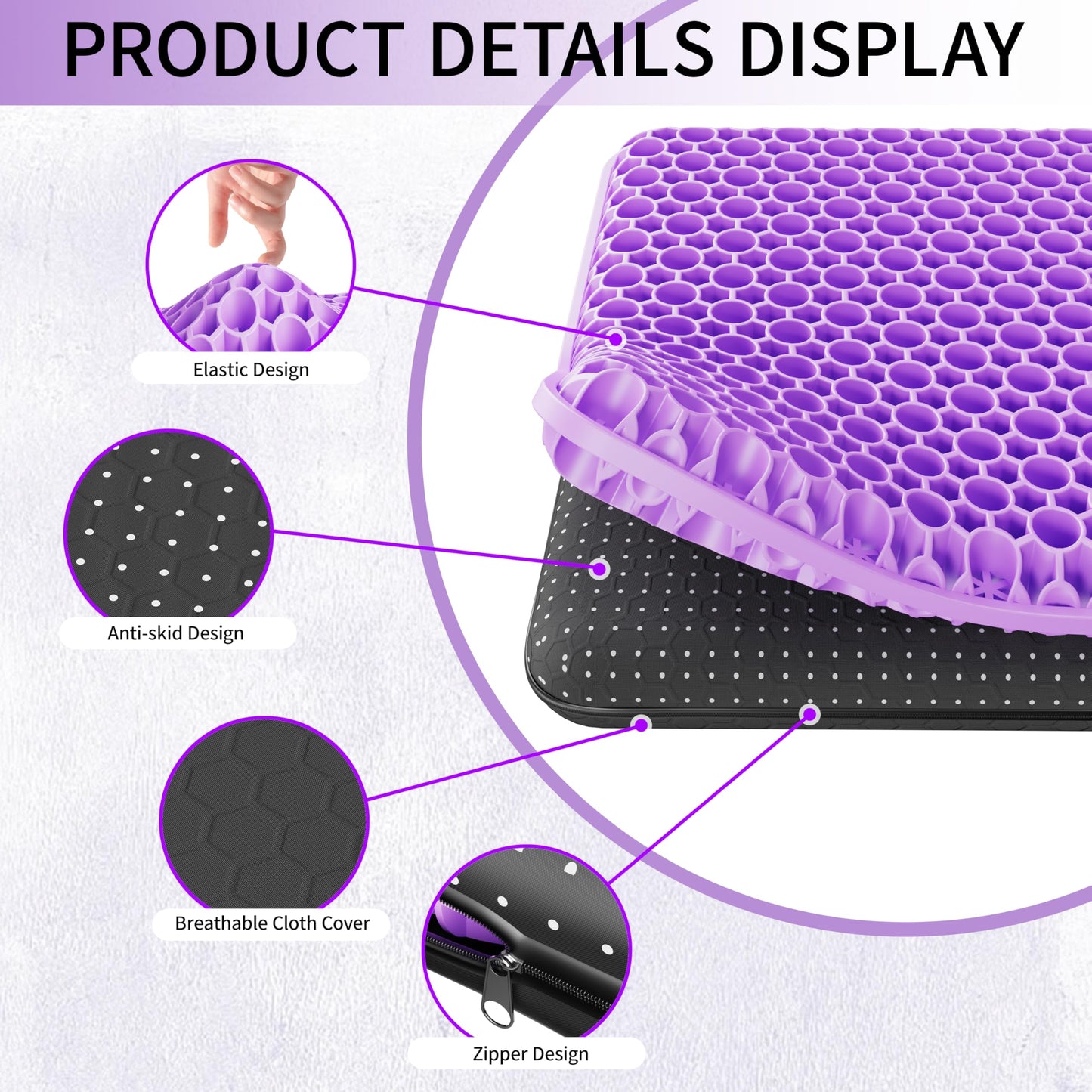 YOYIKKO Gel seat cushion, breathable design gel cushion, relieve back pain pressure, suitable for car office home wheelchair chair kit (violet-94)