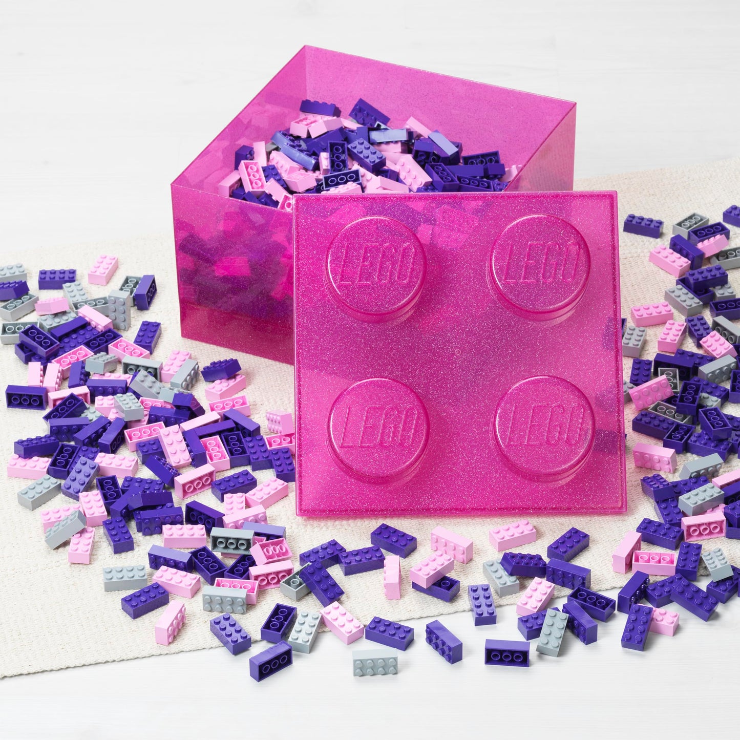 LEGO Storage Brick 4 Knobs Glitter Medium Violet - Stackable Plastic Storage Box with Lid for Kids and Adults Desk Organizer and Toy Box