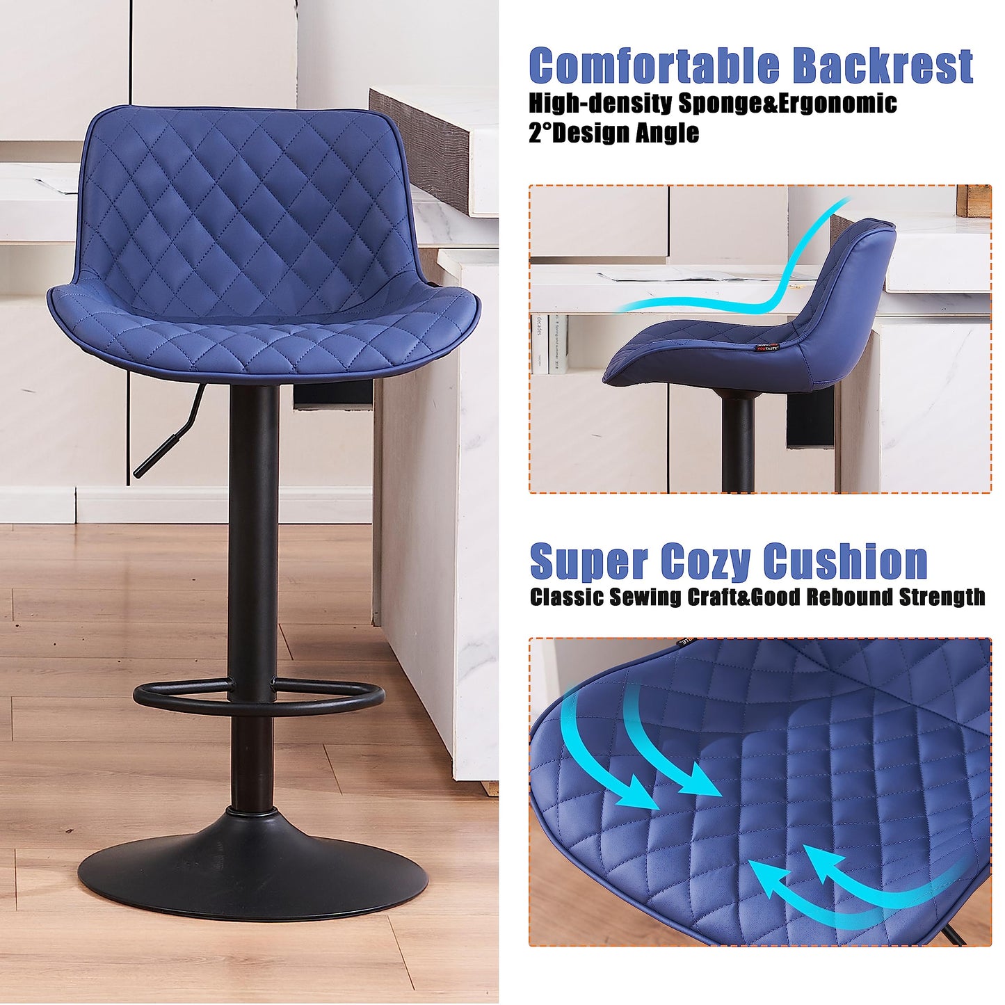 YOUTASTE Bar Stools Set of 2, Adjustable Height, PU Leather Padded Swivel Stools with Backrest, Gas Lift for Kitchen Island, Counter, Purple