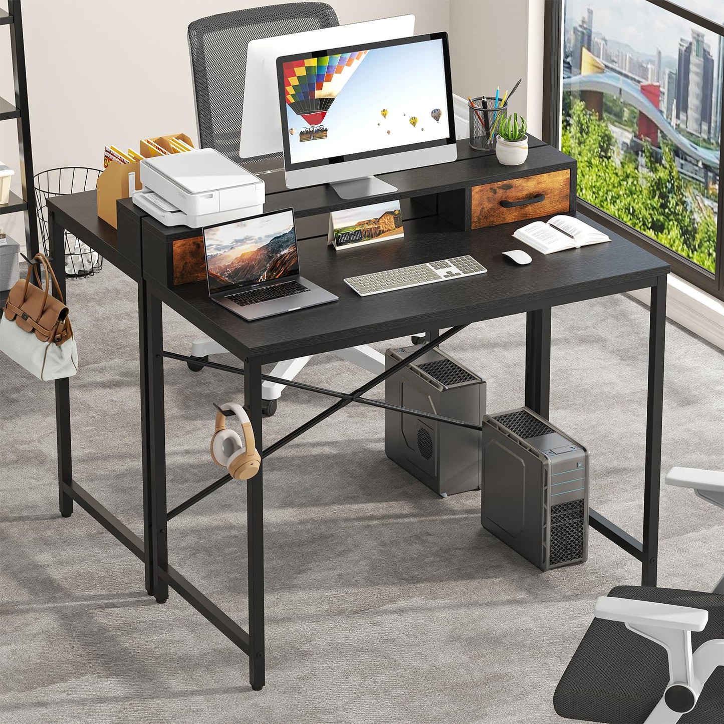 Feonase Industrial-Style Computer Desk with Elevated Monitor Riser & Dual Drawers – 100cm Wide MDF Desktop for Home Office