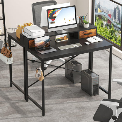 Feonase Industrial-Style Computer Desk with Elevated Monitor Riser & Dual Drawers – 100cm Wide MDF Desktop for Home Office