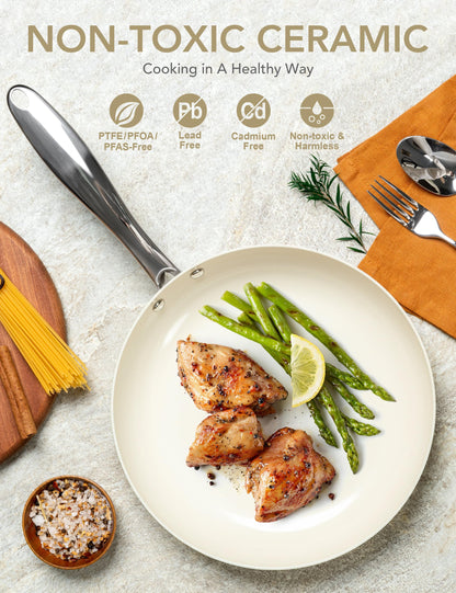 MICHELANGELO Frying Pan 30cm, Durable Ceramic Non-Stick Surface for Effortless Cooking, Oven & Induction Hob Safe, PFOA-Free, Cream White