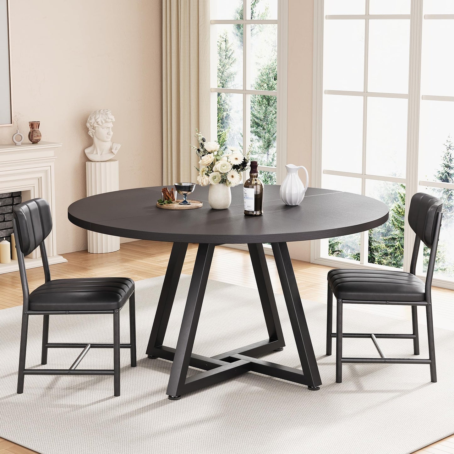Jocoevol Round Kitchen Dining Table for 2 People, Circle Dinner Table with Metal Frame, Space Saving Wood Industrial Furniture (Black, 31 inch