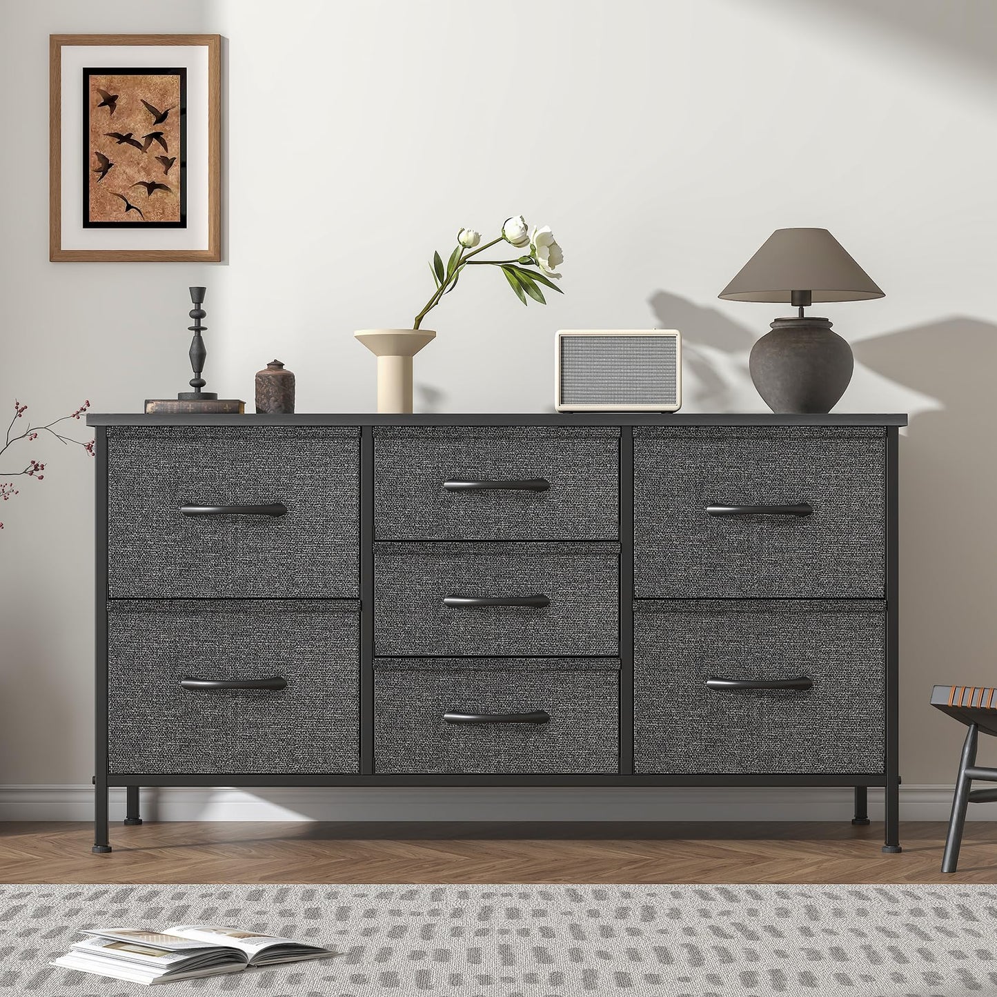 Feonase Chest of Drawers,Bedroom Dresser with 7 Fabric Drawers, Metal Frame & MDF Wood Top, Adjustable Feet, Storage Organizer Unit for Bedroom
