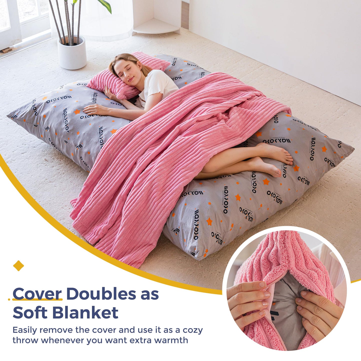 MAXYOYO Giant Bean Bag with Pillow, Soft Corduroy Removable Cover, Large Floor Cushion with Fluffy Foam Filling, BeanBag Chair for Adults & Kids