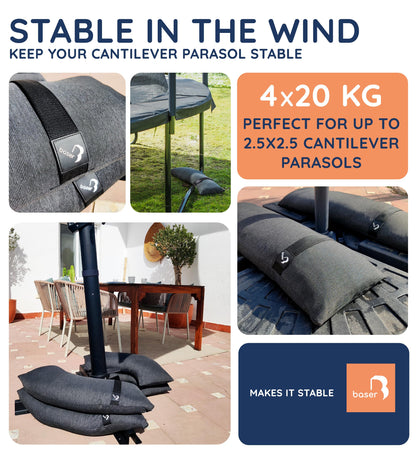 Baser - Outdoor fillable curved sandbags, 4 x 20 KG fillable weight bags for parasols, cantilevers and garden accessories