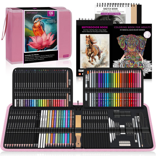 HIFORNY 136 PCS Drawing & Sketching Set,Pro Art Supplies with Graphite,Charcoal,Colored,Watercolor,Metallic Pencils,Blending