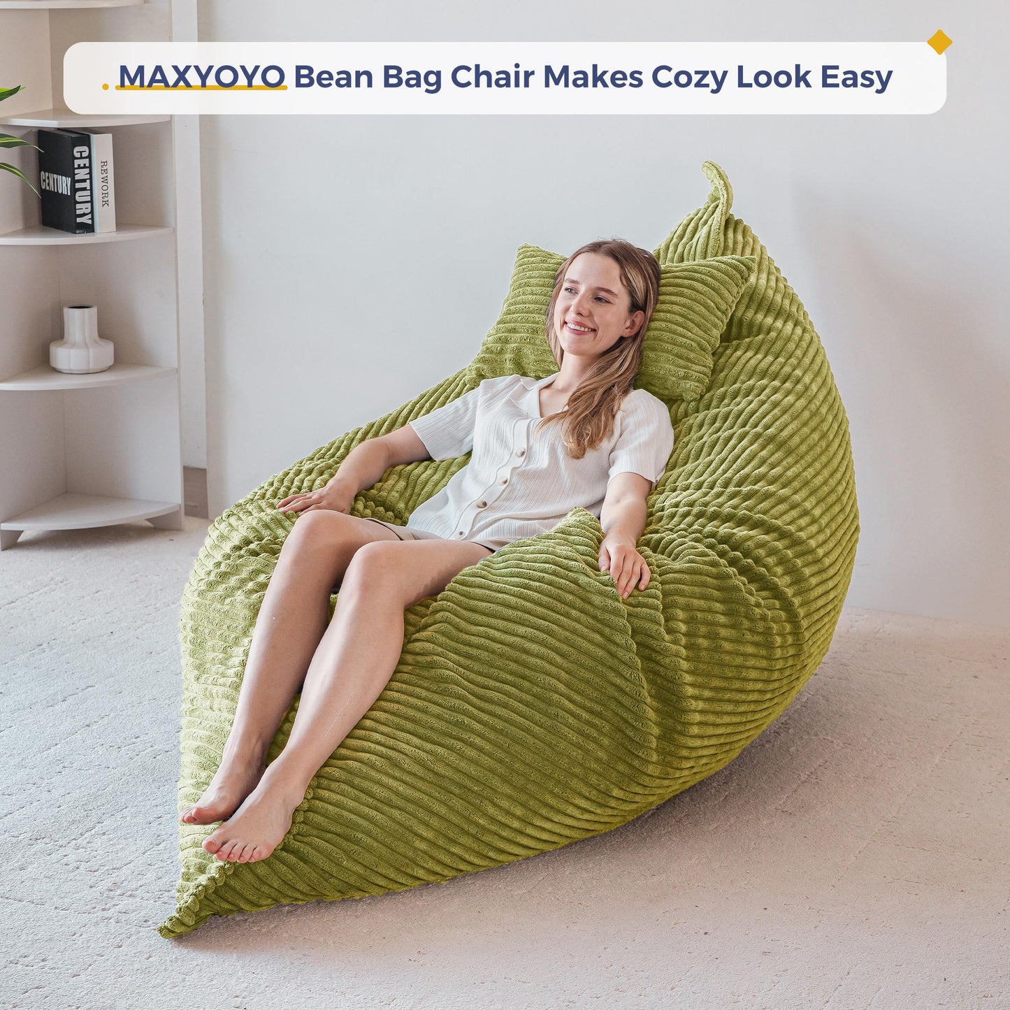 MAXYOYO Giant Bean Bag with Pillow, Soft Corduroy Removable Cover, Large Floor Cushion with Fluffy Foam Filling, BeanBag Chair for Adults & Kids