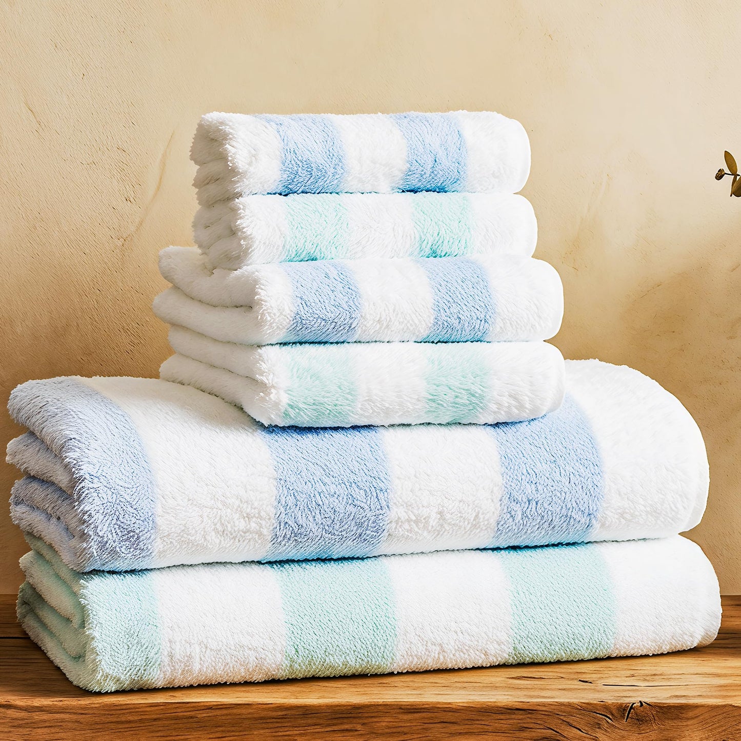 Vie TRIOMPHE Luxury Striped Bath Towel Set of 6 100% Long Staple Cotton Zero Twist Soft Lightweight Absorbent Quick Dry Blue Green