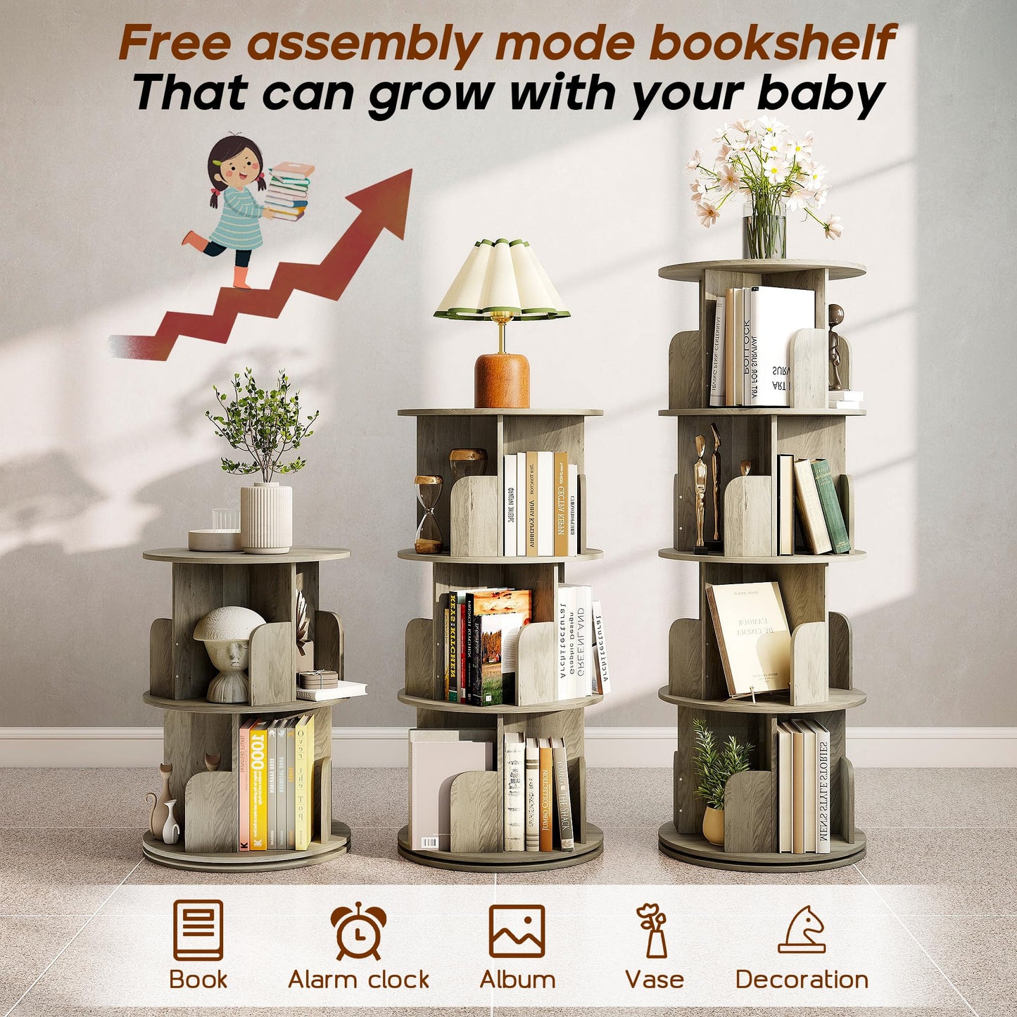 Quikraen 4-Tier Rotating Bookshelf，360° Rotating Storage Rack，Oak Color