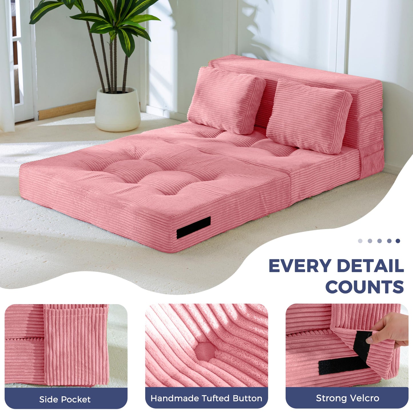 MAXYOYO Folding Foam Sofa Bed, Tri-Fold Mattress with 2 Pillows, Convertible Sofa Chair Futon Z Bed with 15cm Thincken Foam