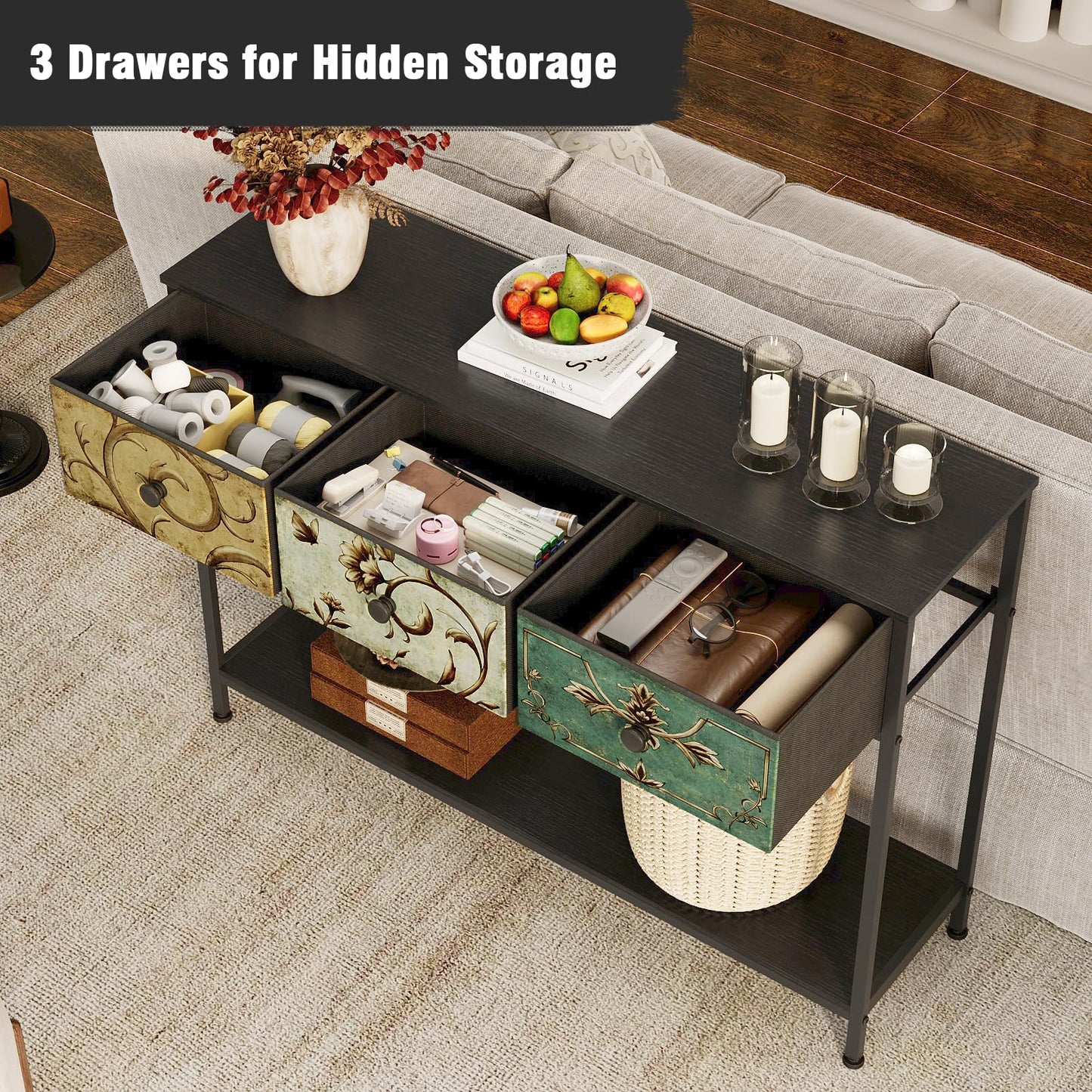 VEDECASA Console Table for Entryway with 3 Drawers Slim Hallway Table with Storage Shelf Narrow Long Sofa Table for Hallway Couch Living Room Kitchen