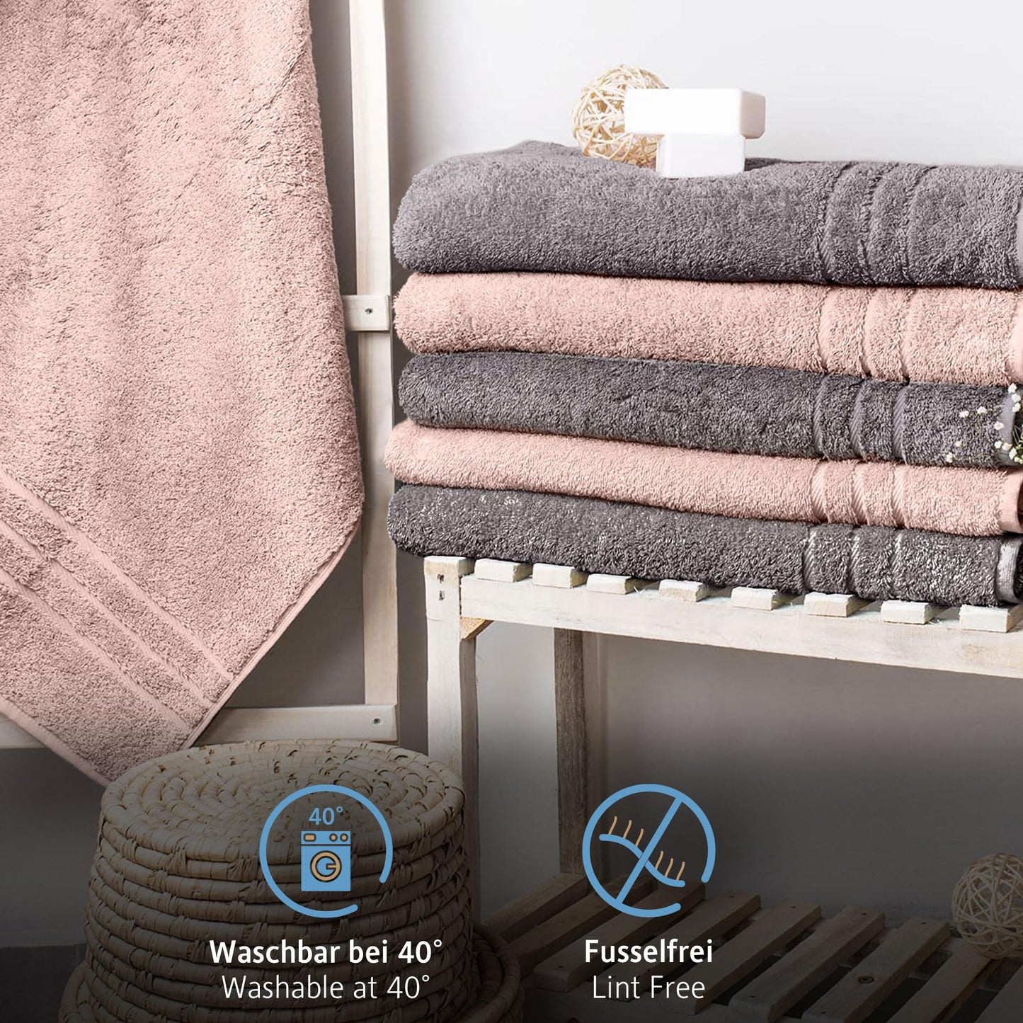 Komfortec Bath Towels, 100% Cotton, Quick Dry, 70x200, Grey & Pink