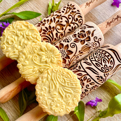FLORET 3 Kid Rolling Pin Set with Lotus, Kashmir, Paisley, Flowering Vine, Lily Flowers Patterns. Wooden Laser Cut Mini Rolling Pins for Cookies, Play