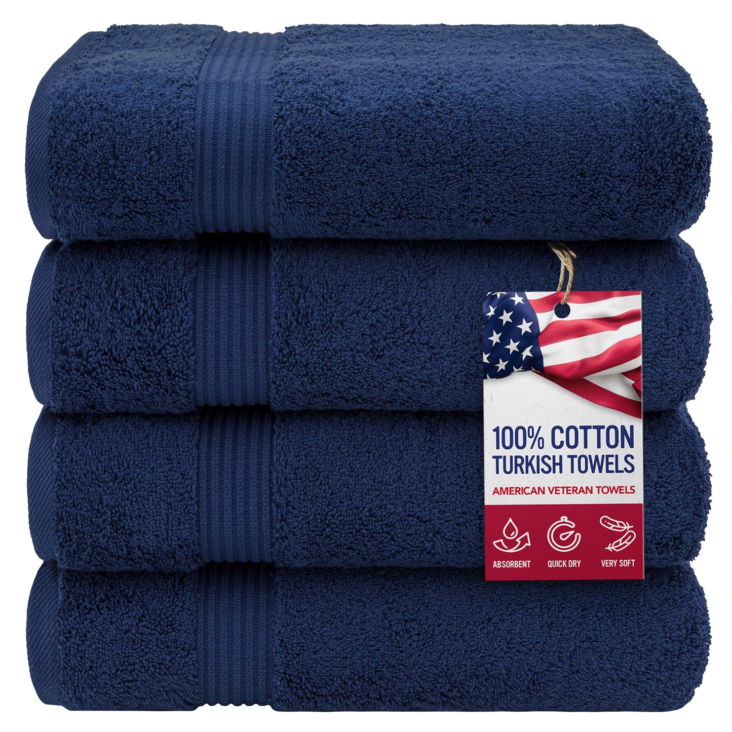 American Veteran Towel, 100% Cotton Turkish Bath Towels for Bathroom 4 Pack, 27x54 Extra Large Premium Soft Drying Bathroom Towels, Navy Blue