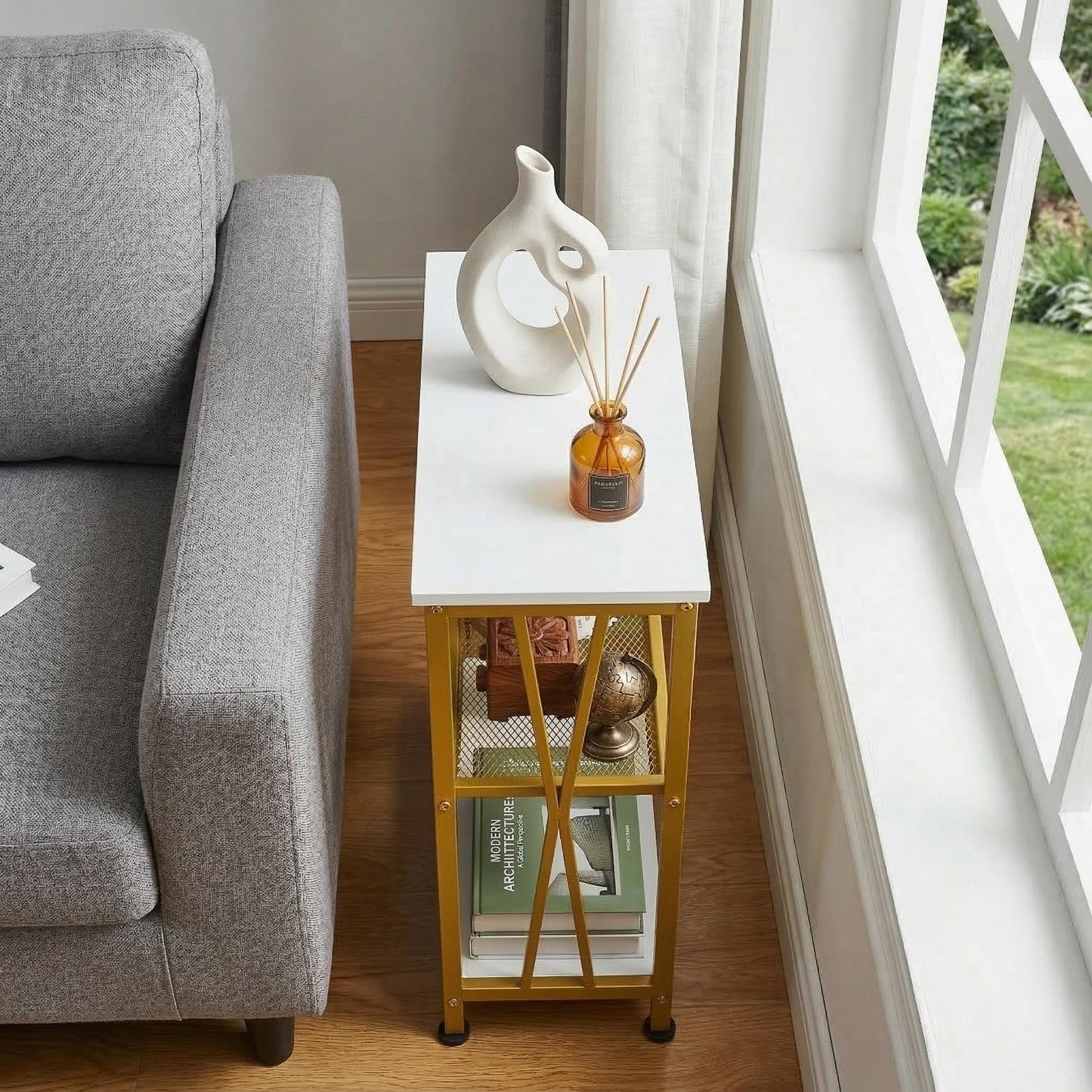 GIOPACO Narrow Side Table,20" Long End Table with 3 Tier Storage Shelves, Small Hallway Table