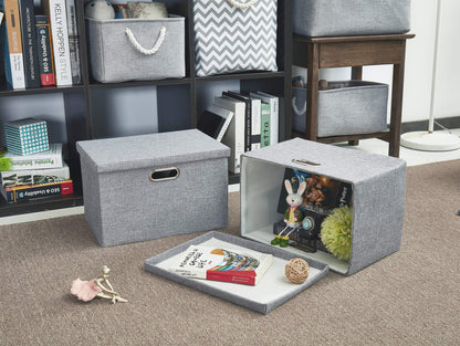 AlphaHome Large Storage Boxes with Lids 2 Pack, Foldable Linen Fabric Storage Baskets for Organising Clothes and ToysGlaucous Grey, 39x27x25cm
