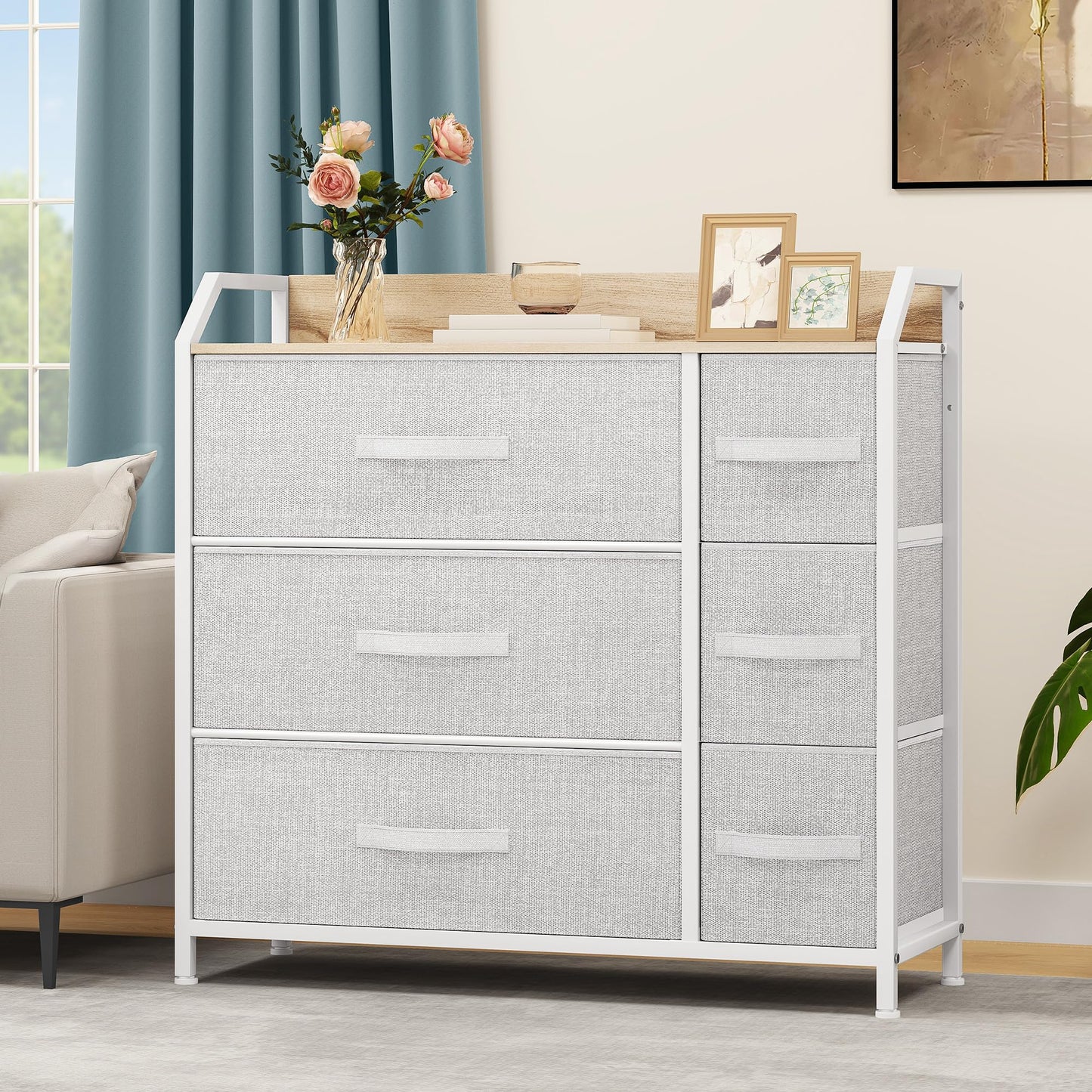 DWVO Chest of Drawers,Fabric Chest of Drawers Bedroom Cabinet with 6 Drawers,Dresser for Bedroom,Living Room With Handles,Wood Top and Sturdy Steel
