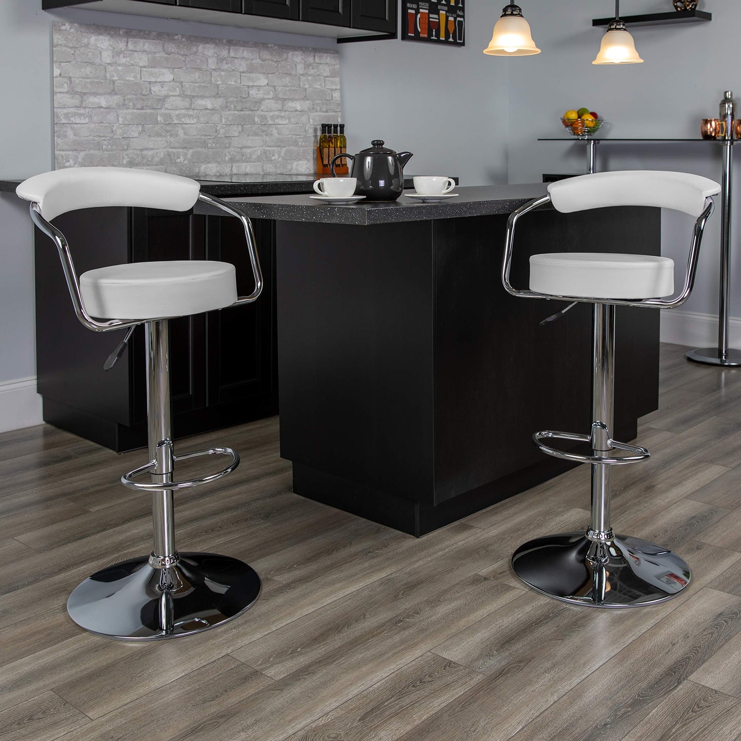 Flash Furniture Taft 2 Pk. Contemporary White Vinyl Adjustable Height Barstool with Arms and Chrome Base