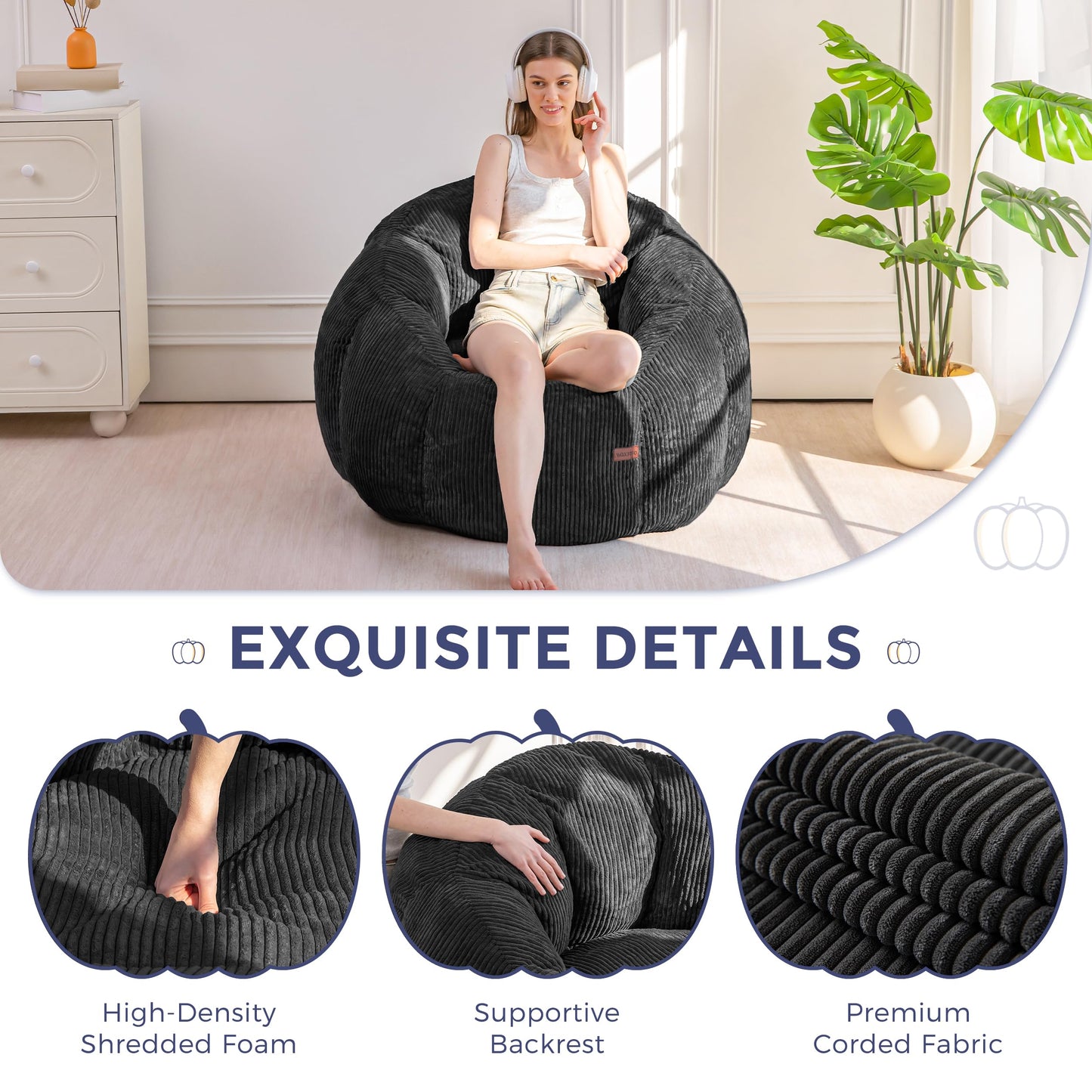 MAXYOYO Bean Bag Chair,Pumpkin Shaped Bean Bag Sofa Includes Filling,Comfy Corduroy Beanbag Sofa for Living Room Bedroom