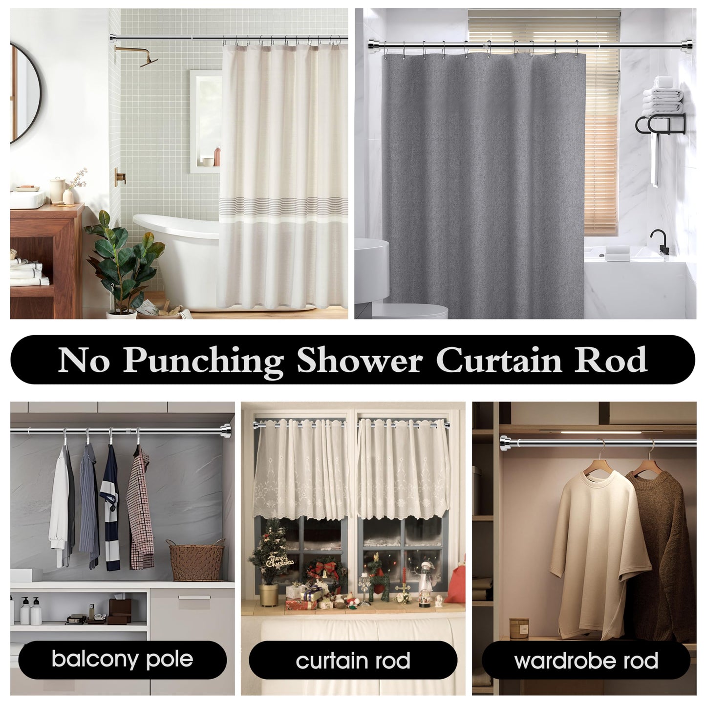 Stainless Steel Extendable Shower Curtain Rod Tension Pole (72cm-130cm),including 2 Holders,Net Voile Curtains Rail,Adjustable Telescopic Rods