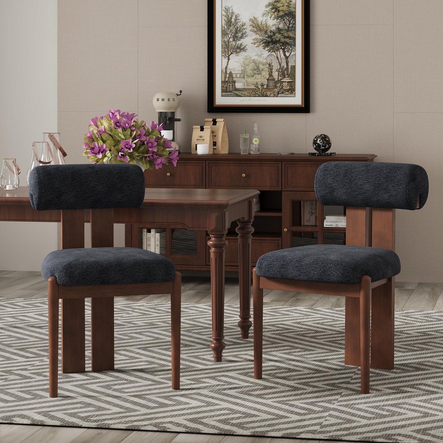 Dining Chairs Set of 2, Dining Room Chairs Upholstered Chenille Fabric, Wooden Kitchen Chairs with Padded Seat & Solid Wood Frame