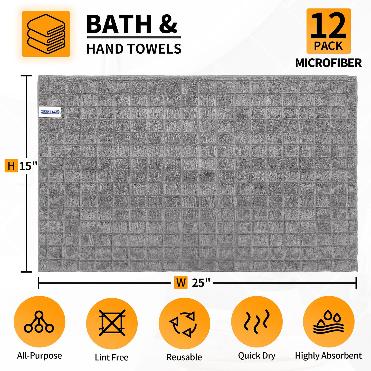 HOMERHYME Hand Towels, 12 Pack 25''*15'' Microfiber Bathroom Hand Towels, Grey All-Purpose Quick Dry Lint Free Soft Absorbent Bulk Checkered