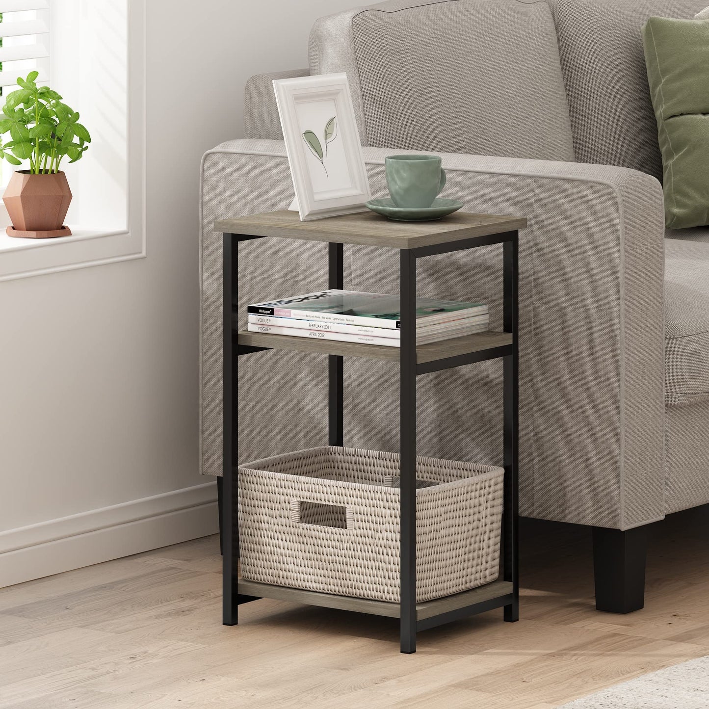 Furinno JUST Side Table, 3-Tier Metal Frame End Table with Open Shelf, Night Stand, Bedside Table, for Living Room, Bedroom, French Oak