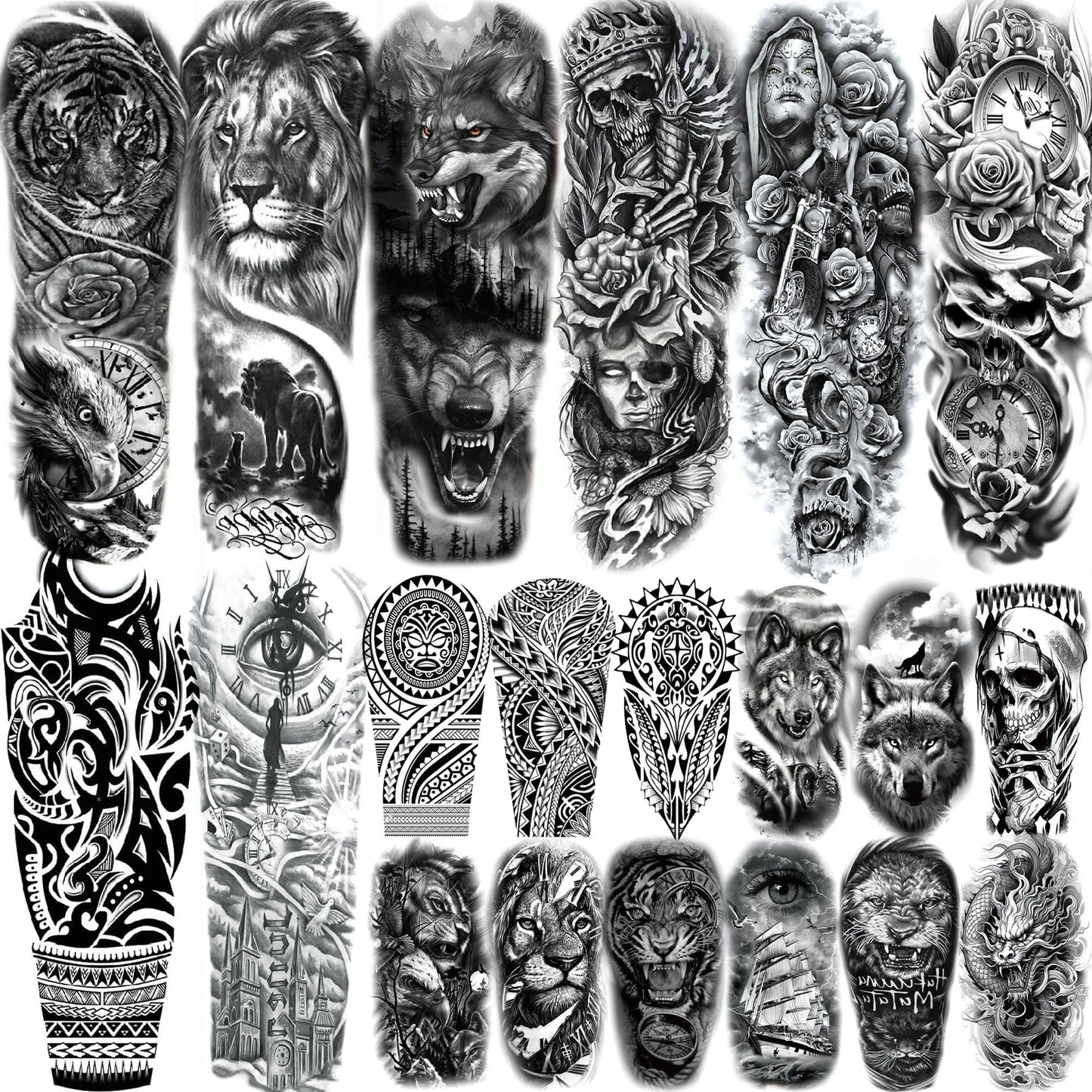 20 Sheets Cool Wolf Lion Tiger Full Arm Temporary Tattoos For Men Adults Thigh, Skull Nun Maori Flower Fake Sleeve Tattoos For Women, 3D Temp Black